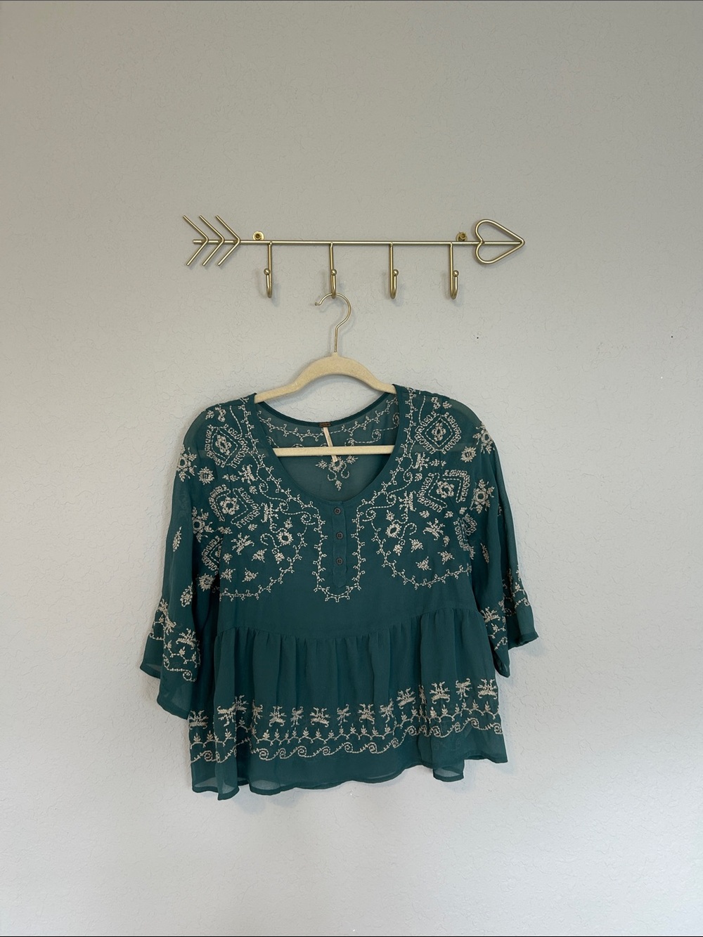 Free People Embroidered Peplum Blouse Women’s Small Teal Boho Bell Sleeve